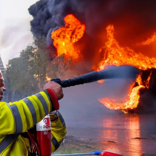 Image similar to Miguel Díaz Canel fighting a giant fire with a extinguisher photorealistic 4K studio photo