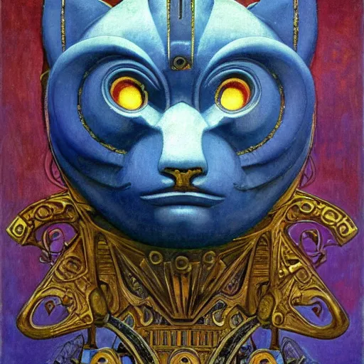 Prompt: beautiful ornate mechanical robot cat head mask, by annie swynnerton and diego rivera and nicholas roerich and jean delville, symbolist, dramatic lighting, god rays, elaborate geometric ornament, art brut, colors are soft greens and blues and purple, smooth, sharp focus, extremely detailed, adolf wolfli and ( donato giancola )