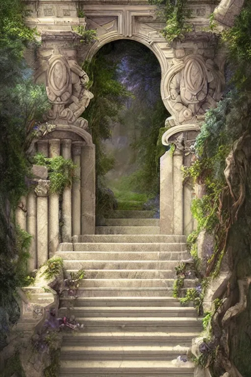 Prompt: matte sharp painting of marble steps fantasy leading do a fantasy gate opening flowers, roots ruins along the steps, artstation behance by emilia dziubak, will terry, greg olsen, chris mars, ann long, and mark brooks, lisa frank, dramatic, neo classical architecture, colorful