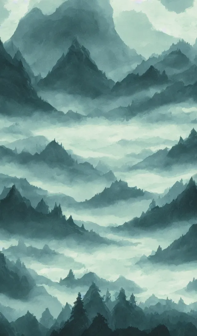 Image similar to magical landscape, mountains, misty, in the style of studio ghibli, high detail