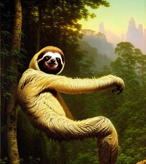 Prompt: a sloth regretting its life choices by albert bierstadt and dan mumford and mœbius, hyperrealism, highly detailed, intricate details