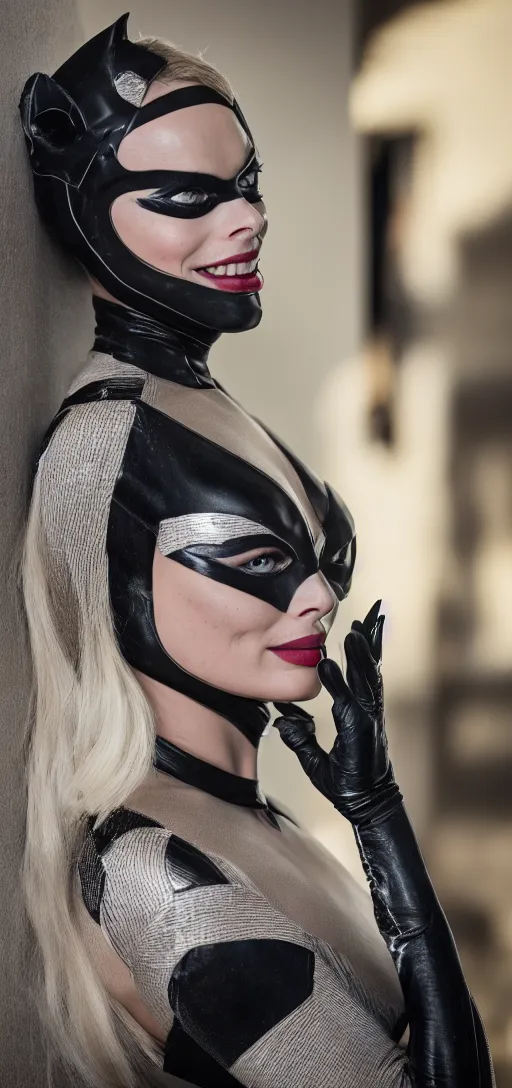 Image similar to Margot Robbie as Catwoman, XF IQ4, 150MP, 50mm, F1.4, ISO 200, 1/160s, natural light