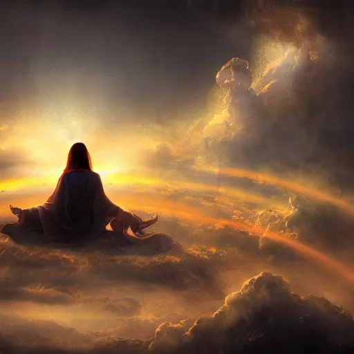 Prompt: concept art trending on art station detailed matte painting of an mystical being meditation in the sky, dramatic, 8k, digital art