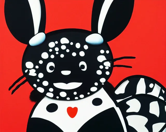 Prompt: a very cute black bunny, black fur with white puffs, fine art by romero britto