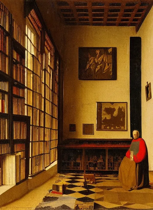 Image similar to bookshelves and drawing materials, paints, brushes, medieval painting by jan van eyck, johannes vermeer, florence