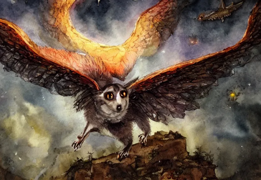 Image similar to legendary fire winged possum flying over a medieval forest castle at night under the dark starred sky, dark fantasy, watercolor, dreaming illusion, highly detailed, 4k, trending on Artstation