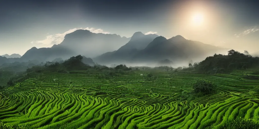 Prompt: Photo of terrace paddy field of Chinag Mai with several village and rolling mountain at the background, wide angle, volumetric light, fog, mist, morning, hyperdetailed, light water, artstation, cgsociety, 8k