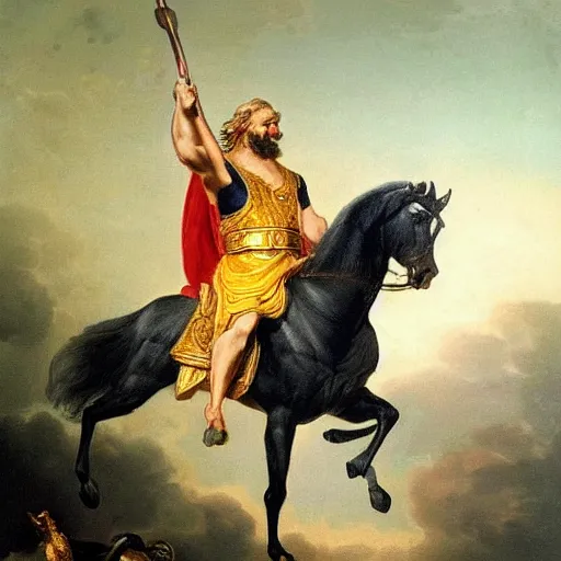 Prompt: painted portrait of zeus! god of thunder riding black horse, masterpiece