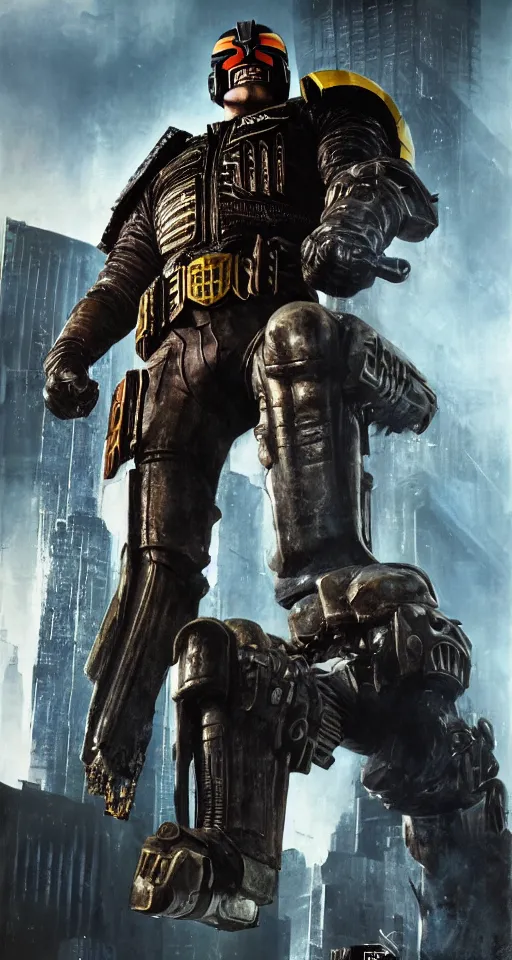 Image similar to Judge Dredd Designed By Moebius Yasushi Nirasawa and HR Giger, full body action pose, hyperrealistic, octane render, HDR, volumetric lighting,