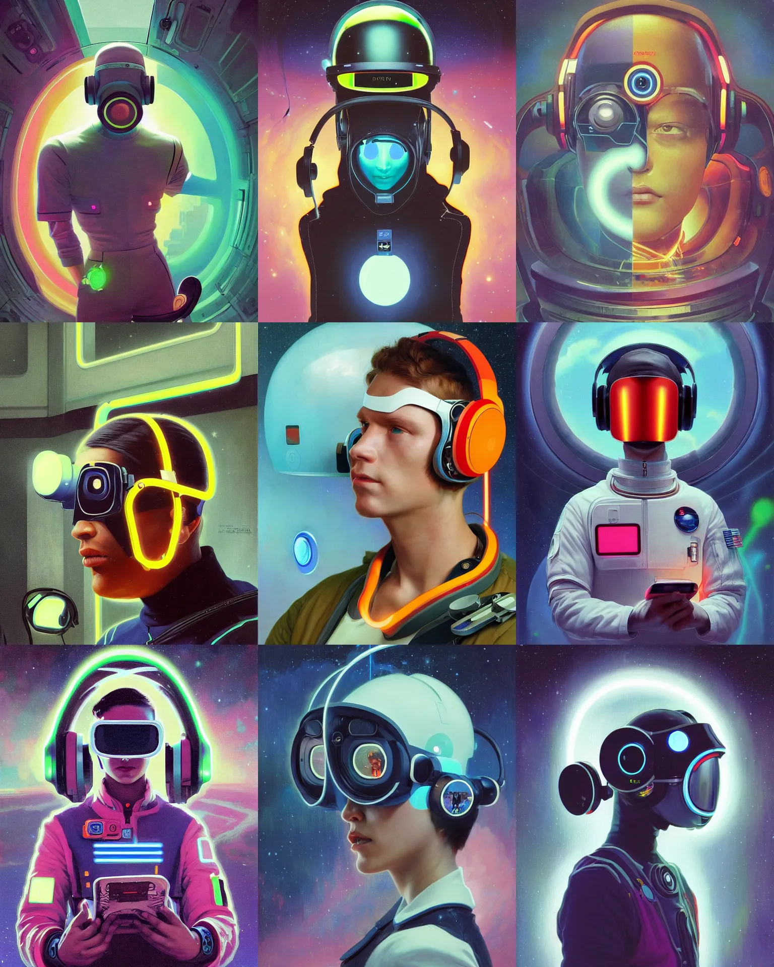 Prompt: future coder looking on, cyclops visor over eyes and sleek electric headphones, space station uniform neon accents, desaturated headshot portrait painting by dean cornwall, ilya repin, rhads, tom whalen, alex grey, alphonse mucha, donoto giancola, astronaut cyberpunk electric fashion photography