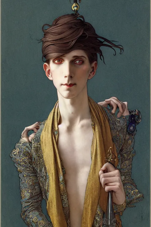 Image similar to edmund dulac, leyendecker, highly detailed portrait, a beautiful androgynous sebastian michaelis, long hair, tall and thin, wearing several pendants, art nouveau, stephen bliss, unreal engine, by greg rutkowski, loish, ferdinand knab, ilya kuvshinov, rossdraws, tom bagshaw, alphonse mucha, global illumination, radiant light