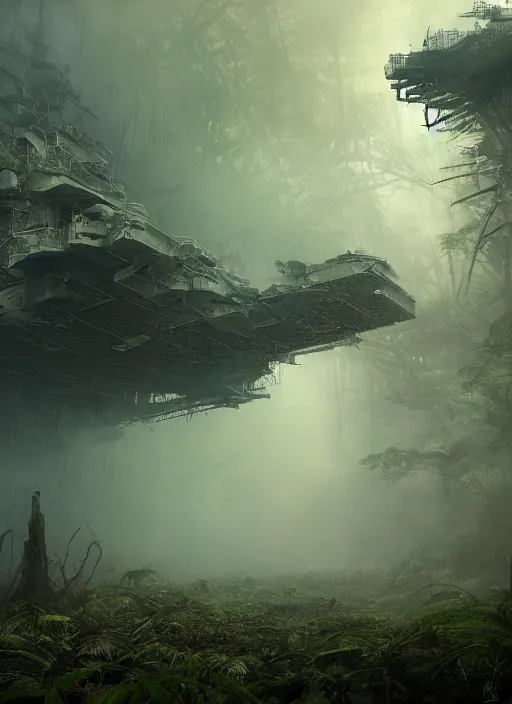 Prompt: aircraft carrier USS Nimitz overgrown with vegetation laying on the ground of a tropical forest, post appocalyptic, by Luis Royo, by Greg Rutkowski, dark, gritty, intricate, cover illustration, concept art, volumetric lighting, volumetric atmosphere, sharp focus, octane render, trending on artstation, 8k