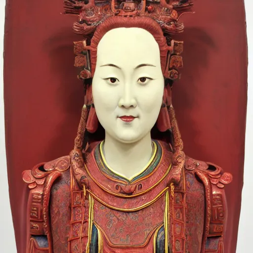Prompt: museum angeline joile portrait statue monument made from chinese porcelain brush face hand painted with iron red dragons full - length very very detailed by rutkowski symmetrical well proportioned