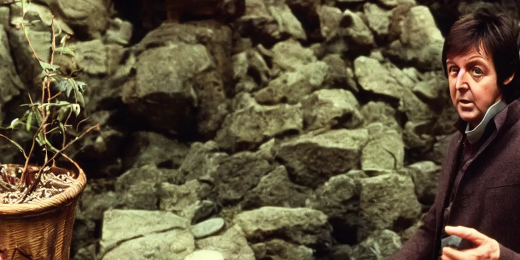 Image similar to A full color still of Paul McCartney looking down at his palm, dressed as a hobbit inside his house, directed by Stanley Kubrick, 35mm, 1970