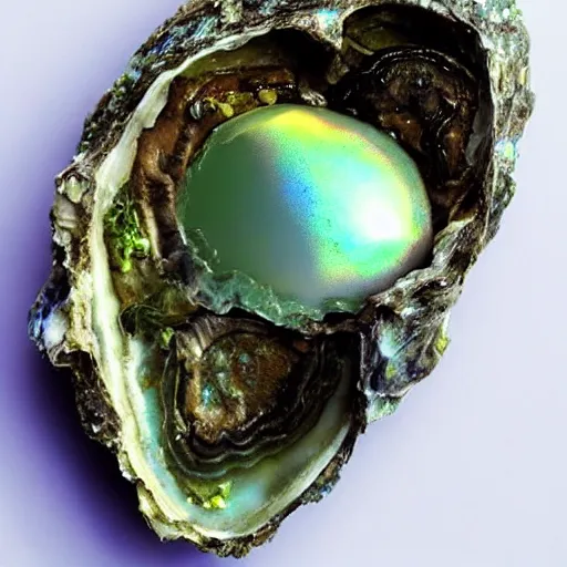 Prompt: a beautiful fantasy rendering of a dirty old corroded oyster with algae and barnacles growing on it, a glowing pure perfect iridescent pearl on the inside