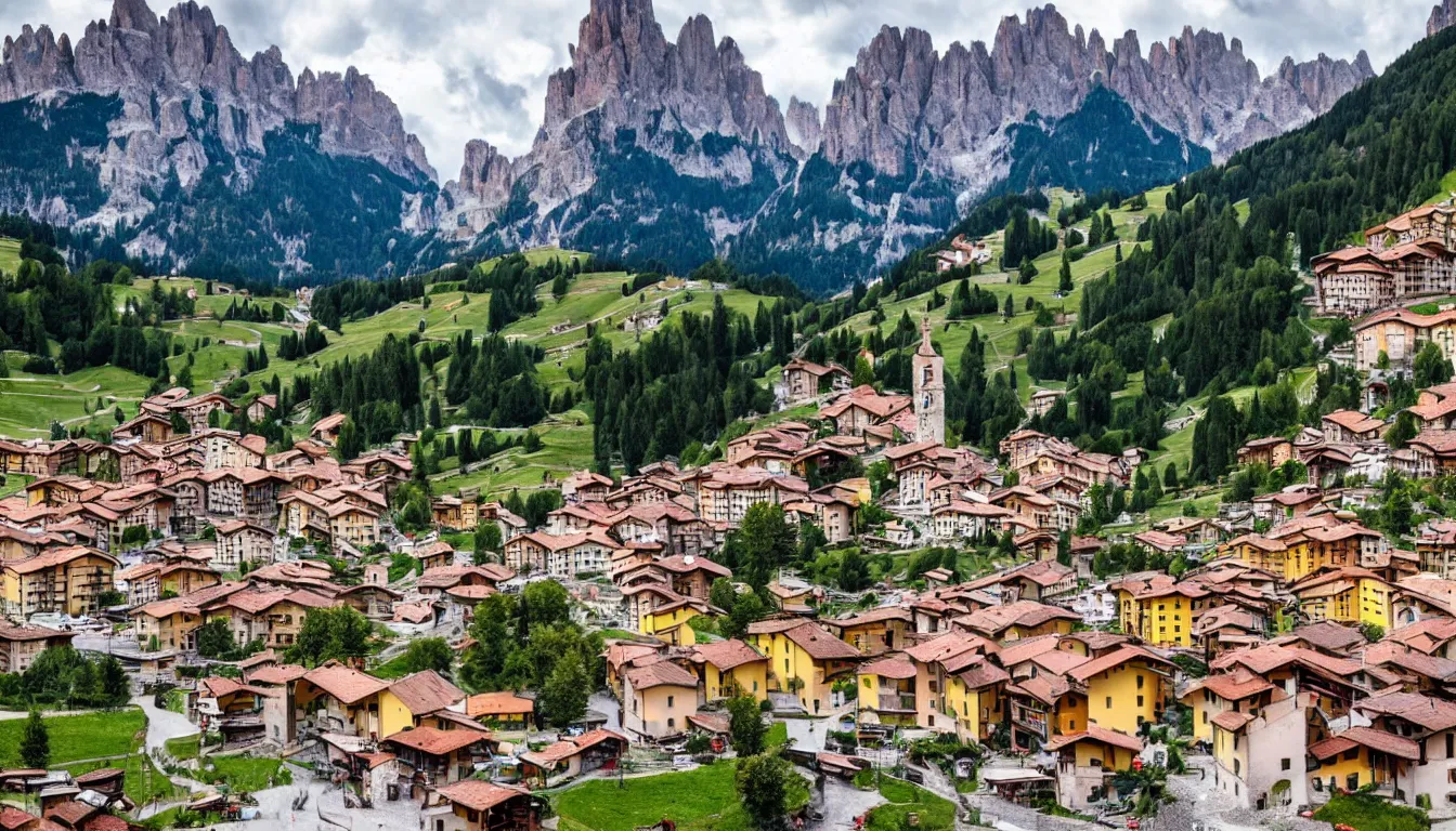 Image similar to an italian town in the dolomites mountains