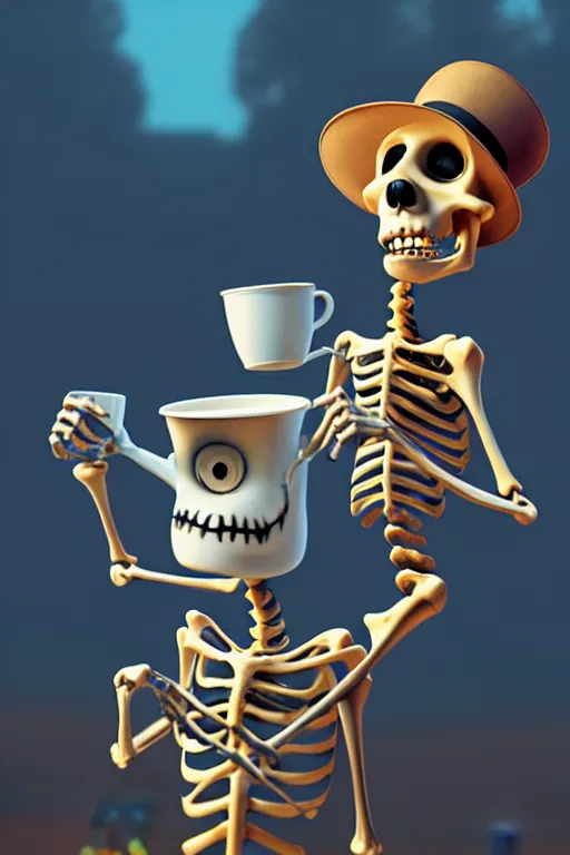 Image similar to a small skeleton character with big round eyes holding a cup of coffee on a cemetery at night. pixar disney 4 k 3 d render movie oscar winning trending on artstation and behance. ratatouille style.