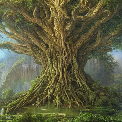 Prompt: a beautiful and highly detailed matte painting of a giant tree in a magical garden in lush forest in the valley of dreams, intricate details, epic scale, insanely complex, 8 k, sharp focus, hyperrealism, very realistic, by caspar friedrich, james gurney, brian froud,