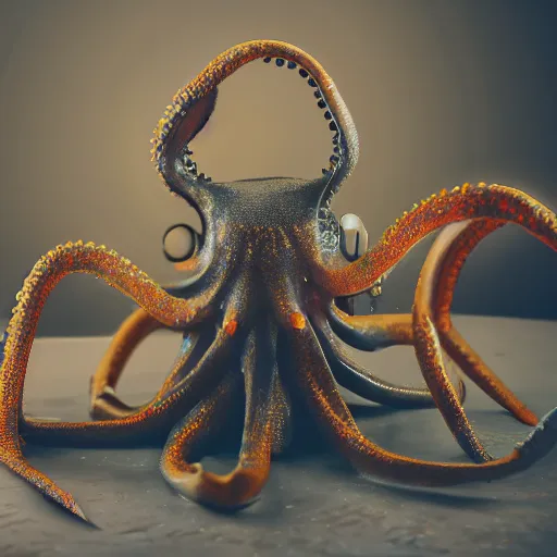 Prompt: macro photo of sci-fi cybernetic octopus holding paintbrushes, photography, filmic, cinematic, dramatic, depressed, photoshoot, 35mm, wide angle, short exposure, double-exposure, f/22, 22 megapixels, shot on 35mm, DSLR, 32k, hyper-realistic, highly detailed, ray traced, RTX, anti-aliasing, FXAA, sharpen, SFX, SSAO, de-noise, cinematic lighting, beautiful lighting, studio lighting, ultra realistic, max quality, epic 35 mm lens shot, photorealism, ray tracing global illumination, sharp focus, shadows, shaders, establishing shot