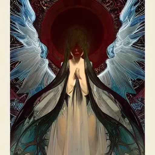 Prompt: A portrait of A beautiful!!!! angel in black flames by Ross Tran!! and alphonse mucha and greg rutkowski and Zdzisław Beksiński!!,In style of digital art illustration.Symmetry.Beautiful features.Fantasy,darksouls,elden ring,smooth,hyper detailed,sharp focus,Soft light.trending on artstation.4k