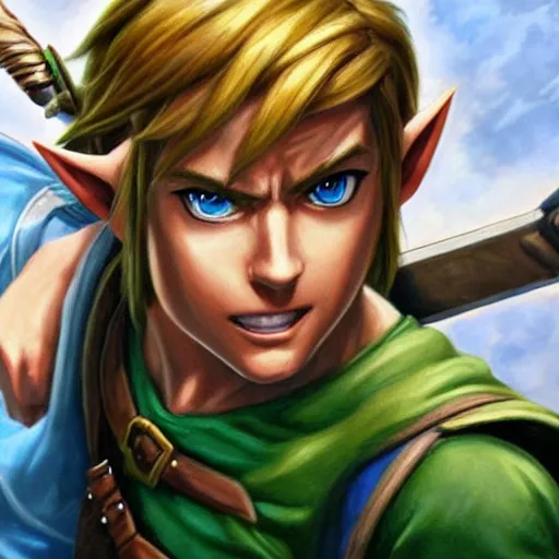 Image similar to An ultra-realistic portrait painting of Link from The Legend of Zelda in the style of Alex Ross. 4K. Ultra-realistic. Highly detailed. Epic lighting.