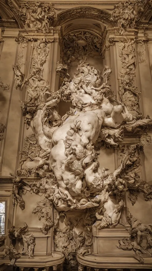 Prompt: an old detailed huge rabbit statue in botanical room by bernini, cinematic, detailed