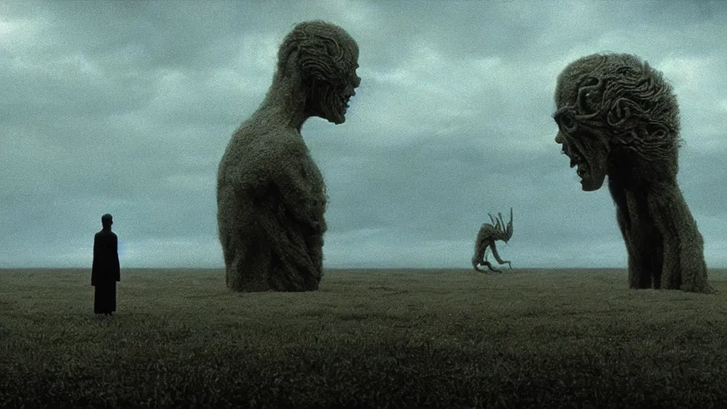 Prompt: the strange creature looks at the sky film still from the movie directed by denis villeneuve and david cronenberg with art direction by salvador dali and zdzisław beksinski, wide lens