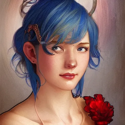 Image similar to a smiling happy beautiful barmaid with short blue hair wearing a red dress in a rustic saloon, beautiful blue eyes, fantasy, intricate and very beautiful and elegant, highly detailed, digital painting, artstation, concept art, smooth and sharp focus, illustration, art by tan zi and artgerm and alphonse mucha and peter mohrbacher