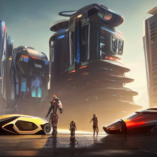 Image similar to glowing sci-fi building in a pleasant urban setting with a futuristic car alongside, peaceful, majestic, a sense of optimism, in style of apex legends, art station, ultra hd, soft light, overhead sun, ultra hd, art station