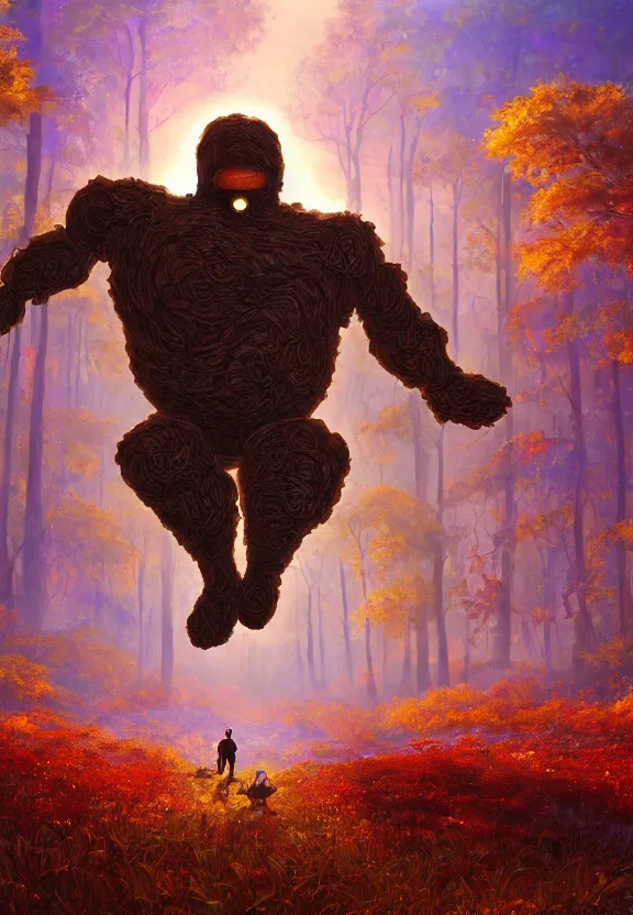 Image similar to cyber golem jumping over mushroom forest, sunny autumn, oil painting, symmetrical, glowing eyes, ultradetailed, 8 k, epic atmosphere, digital art by simon cowell and moebius