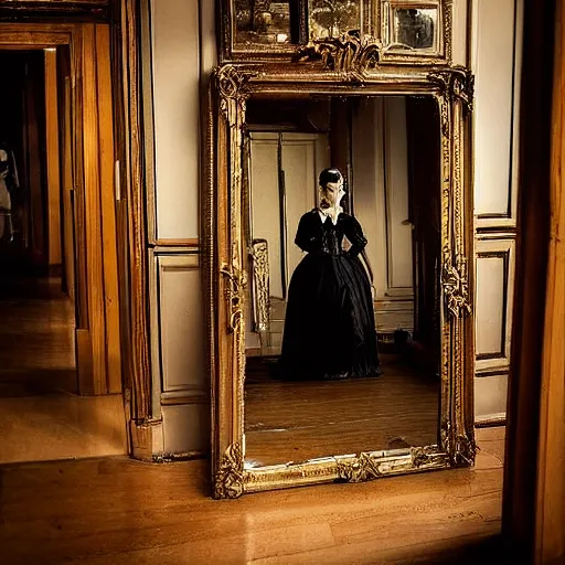 Image similar to a beautiful victorian woman is frightened by her doppleganger in a mirror. she is in a long hallway of mirrors. elegant design, haunting atmosphere, dimly lit, gothic, horror style, mist, low angle, 3 / 4 view.