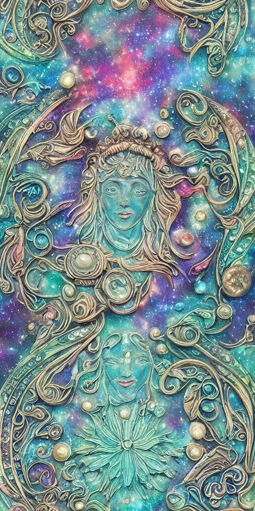 Image similar to intricate colourfully painted carved Soapstone relief paneling, iridescent, pearl and pale blue toned, celestial, cosmos, galaxies, planets, divinity, moon goddess, mother earth, Earth Goddess mythology, Gaia, angels, dream atmosphere, bright colors, vivid colors, Ghostly, crystaline celtic, insanly detailed , artstation, wallpaper, hyper realistic, realistic lighting