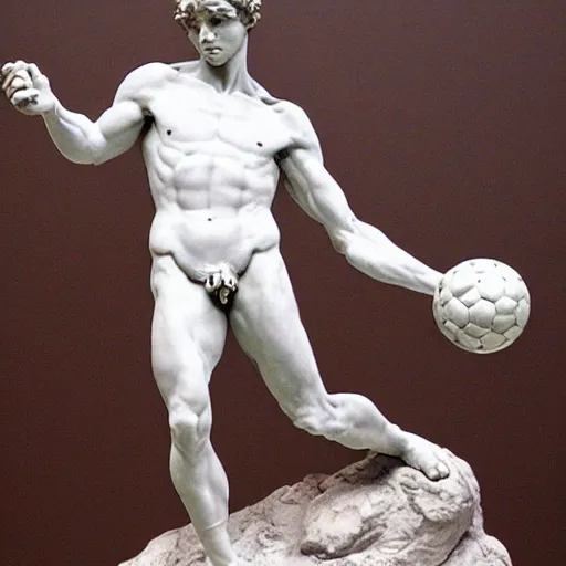 Prompt: a photorealistic image of michelangelo's sculpture of david playing football