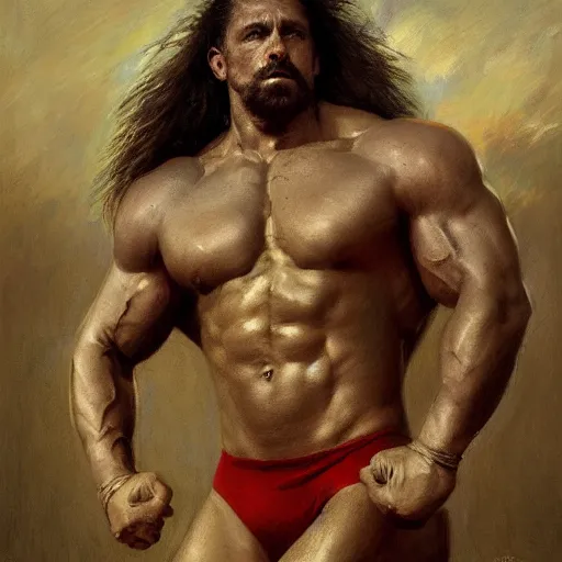 Image similar to handsome portrait of a wrestler guy bodybuilder posing, war hero, wrestling singlet, radiant light, caustics, by gaston bussiere, bayard wu, greg rutkowski, giger, maxim verehin