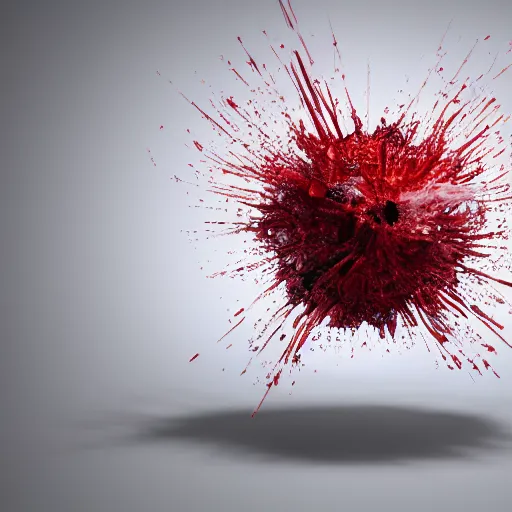 Image similar to Exploding cherry, 3d render, white background, realistic explosion