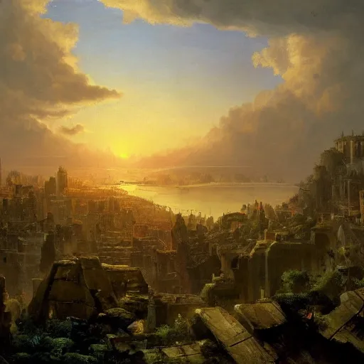 Image similar to vista of a city at sunset, the city is a sprawling renaissance city that is built in the hills of a bay amidst cyclopean tombs and overgrown by the rainforest, rpg, hubert robert, cityscape, vista, dying earth, gene wolfe