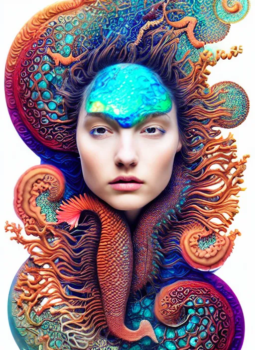 Prompt: ridiculously beautiful young womans face in full color, layers of intricate swirling dimensions, coral, sea dragons, scales, tropical fish, symmetrical, in the style of ernst haeckel, effervescent bubbles, sacred geometry, surrealism, photo realistic, epic and cinematic, 3 d, clear, sharp,