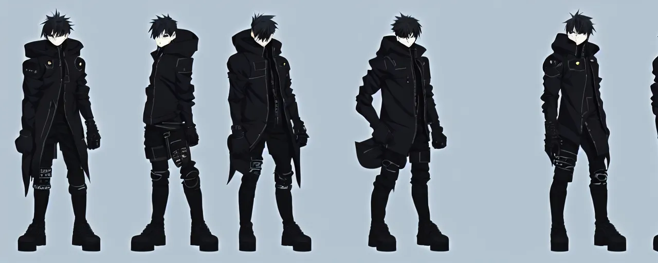 Prompt: a male anime cyberpunk hero protagonist wearing a heavy jacket and heavy black boots, character concept exploration, outfit designs, trending on artstation; clear silhouette, strong design