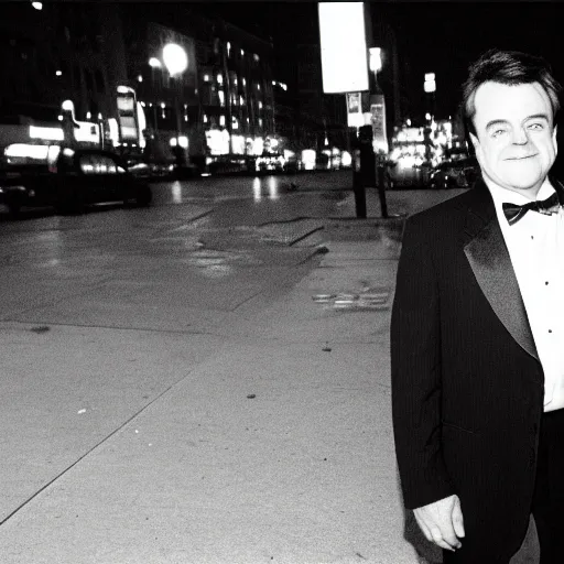 Image similar to 1 9 9 7 nathan lane wearing a black suit and necktie standing on the streets of chicago at night.