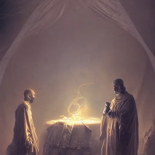 Prompt: a photographic portrait of a humanoid in robes with a halo standing in front of a tent holding a bowl of smoke!! by gustave dore and stephen hickman and allen williams, trending on artstation, cgsociety, 4 k hd, earthtone colors, skulls!! in the smoke, an open canvas tent in the background