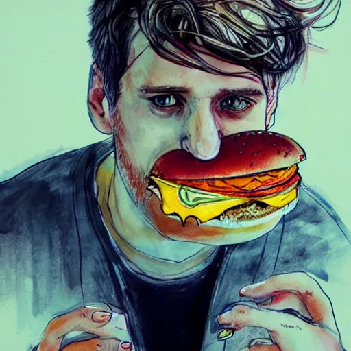 Prompt: bill pullman eating giant hamburgers full body by agnes cecile, pastel light colours, ink drips, autumn lights