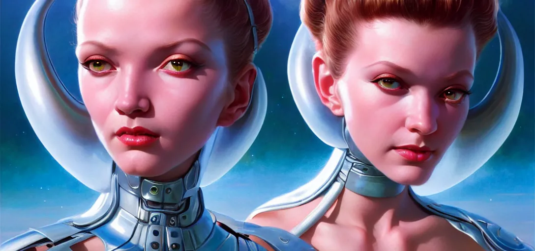 Image similar to face of a cute alien girl wearing shiny plastic armor in the style of roger dean and alberto vargas and stefan kostic, realistic, sharp focus, 8 k high definition, insanely detailed, intricate, elegant, art by greg rutkowski and artgerm, extreme blur coral reef background