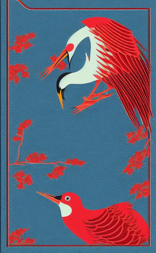 Prompt: poker card style, modern look, solid colors, japanese crane bird in center, pines symbols, vivid contrasts, for junior