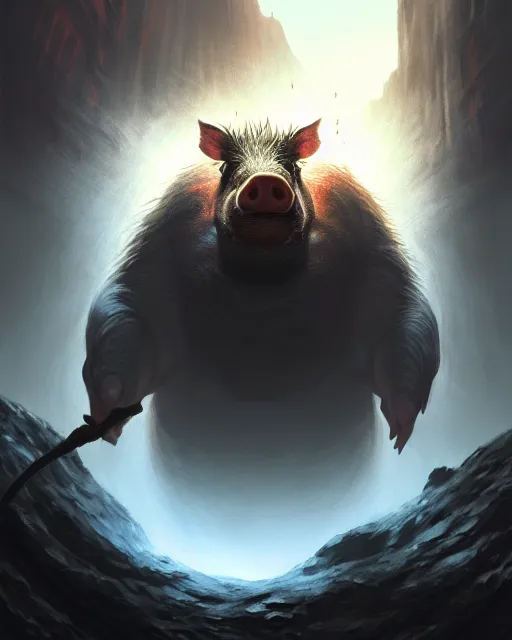 Prompt: Giant Hog looking at mouse, medium shot, fear, D&D, artstation, fantasy, magic the gathering artwork, cinematic lighting, centered, symmetrical, highly detailed, digital painting, , concept art, smooth, sharp focus, illustration, volumetric lighting, epic Composition, 8k, art by Akihiko Yoshida and Greg Rutkowski and Craig Mullins, oil painting, cgsociety