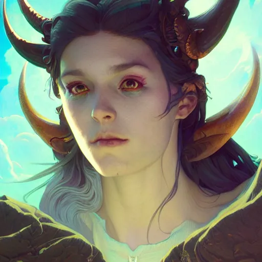 Image similar to Highly detailed portrait of Baphomet, unreal engine, fantasy art by Greg Rutkowski, Loish, Rhads, ferdinand knab, Makoto Shinkai and Lois van baarle, ilya kuvshinov, rossdraws, Tom Bagshaw, alphonse mucha, global illumination, radiant light, detailed and intricate environment