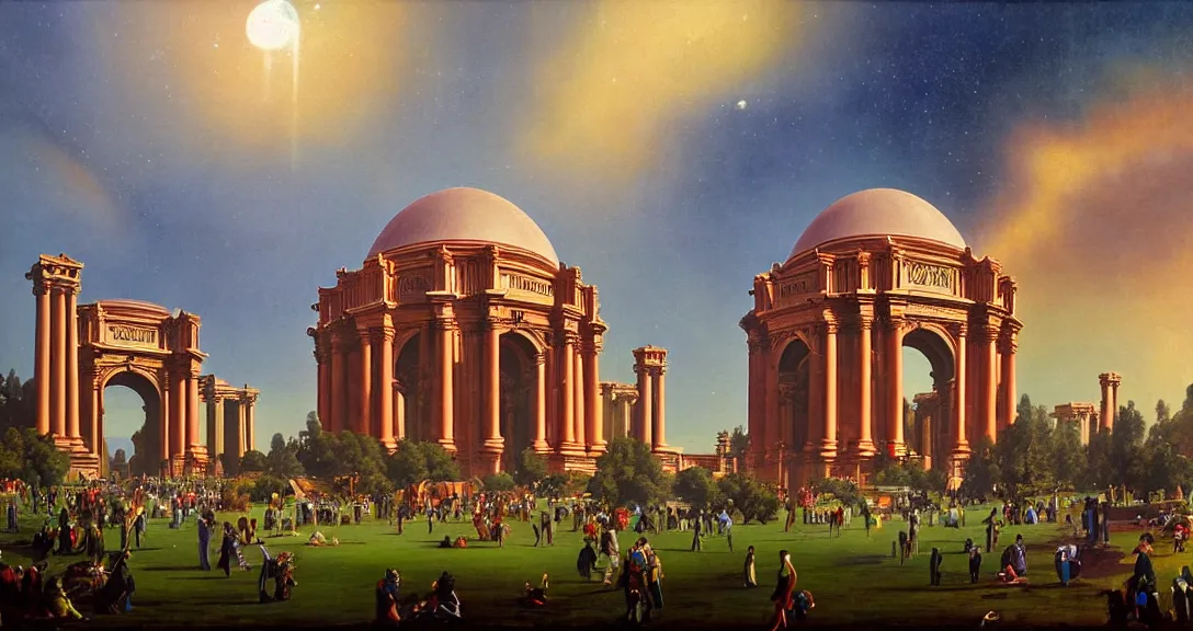 Image similar to the san francisco palace of fine arts during the intergalactic futuristic fair, romantic era sci - fi painting, futuristic