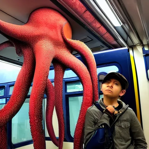 Image similar to of a giant octopus invading a interior of a subway train in new york,