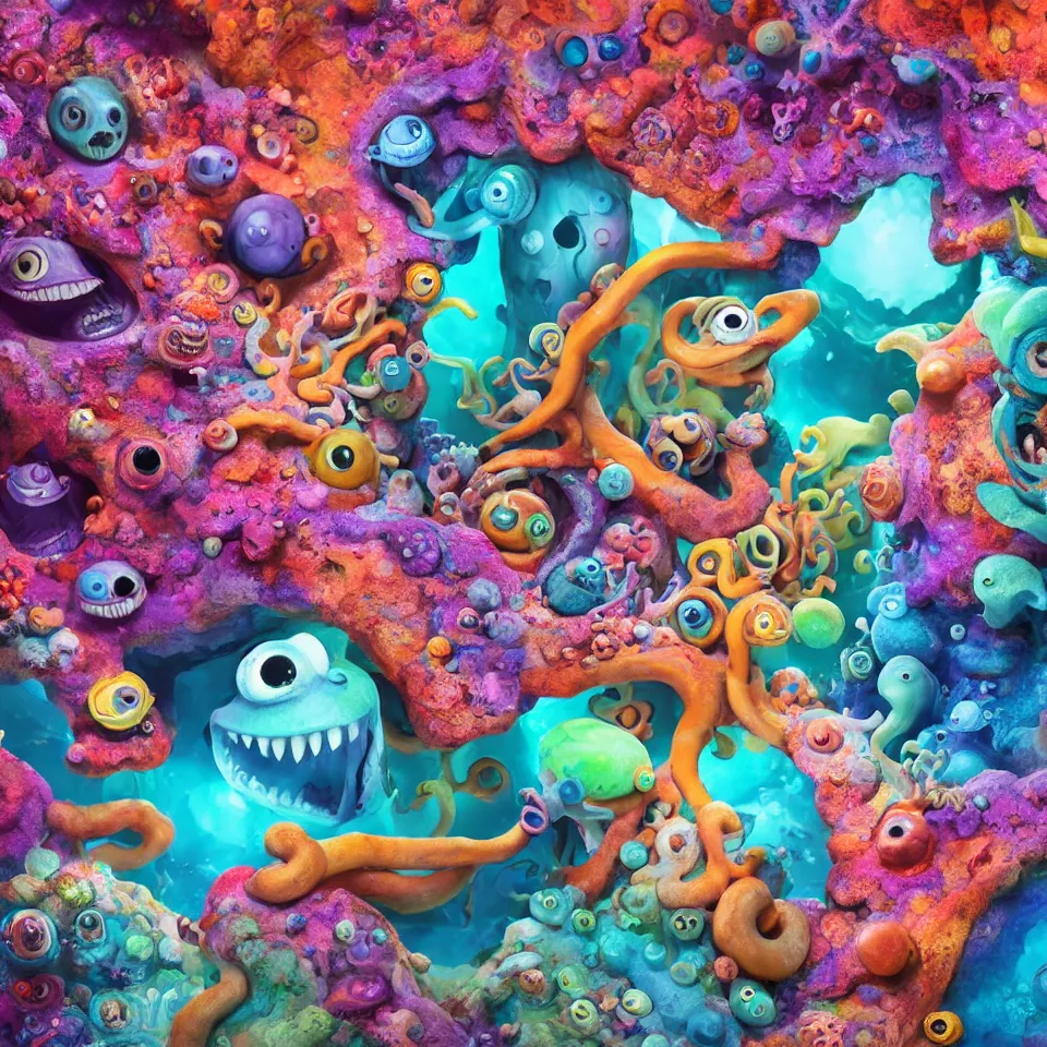 Image similar to of a colorful deep sea cave with strange cute friendly happy creatures with huge eyes, mouth, long tongue and round teeth appearing from sandy coral, in the style of gehry and gaudi, macro lens, shallow depth of field, ultra detailed, digital painting, trending artstation, concept art, illustration, cinematic lighting, photorealism, epic, octane render