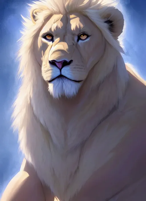 Image similar to award winning beautiful commission of a muscular male furry anthro albino lion wearing swim trunks chilling in a modern spa with soft warm atmospheric cozy lighting with beautiful hyperdetailed face. Character design by charlie bowater, ross tran, and makoto shinkai, detailed, inked, western comic book art