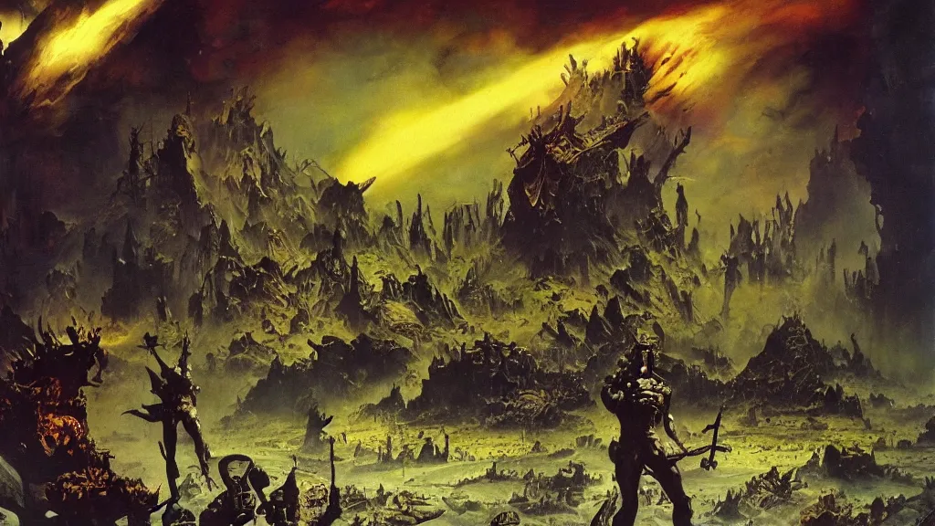 Image similar to the pickle warrior who rules the metaverse by frank frazetta and bruce pennington, cinematic matte painting